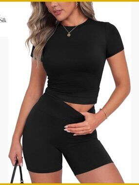 Women's Workout Set Slim Fit Polyester Spandex Short Sleeve Top High Waist